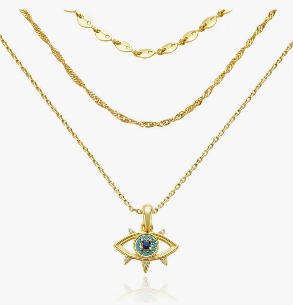 Cicy Bell Evil Eye Layered Necklace 18K Gold Plated Turquoise CZ Pendant. New